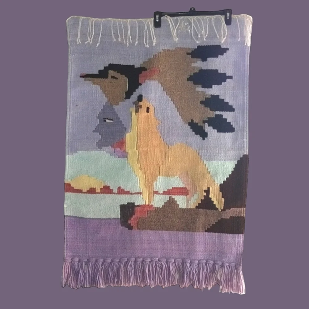 Woven Tapestry Howling Coyote Wall Hanging 38x29